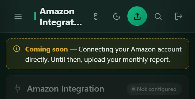 Amazon integration in the new dashboard, marked coming soon.